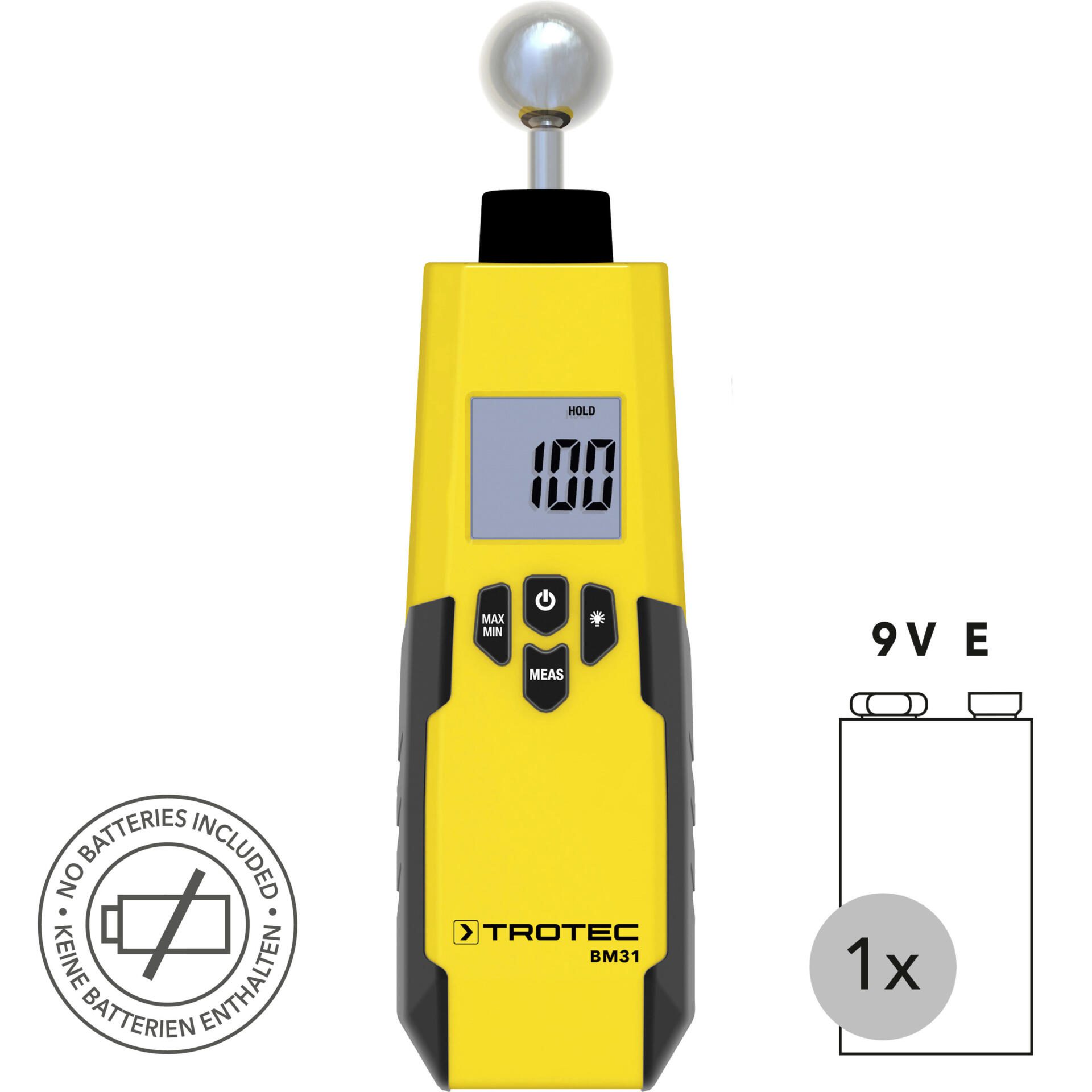 Feuchtemessgerät BM31: Gelbes Gerät zur Feuchteindikation mit digitaler Anzeige, Trotec BM31, zeigt Messwerte. Keine Batterien enthalten.