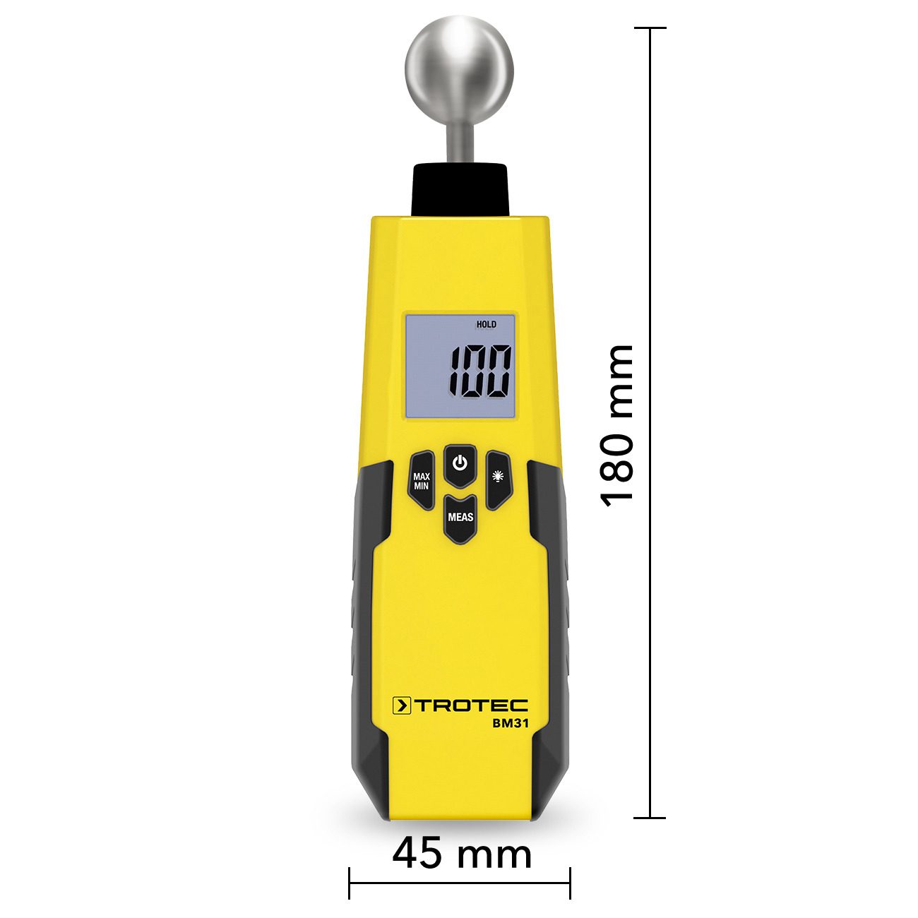 Feuchtemessgerät BM31 von Trotec: Gelbes Gehäuse mit Display und Sensor. Ideal zur schnellen Feuchteindikation. Kompaktes Feuchteindikator.
