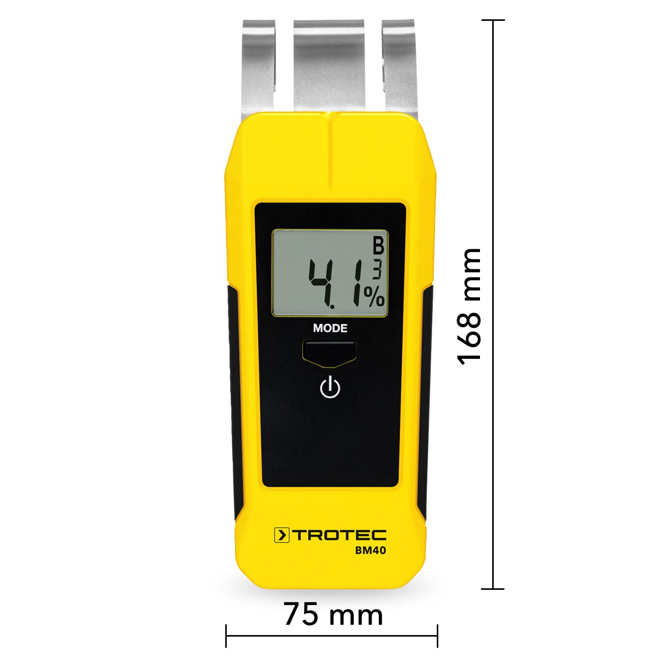 Feuchtemessgerät BM40: Gelbes Gerät mit Display, das 4.1% anzeigt. Ideal zur Messung von Feuchtigkeit in Holz und Bau. Trotec BM40.