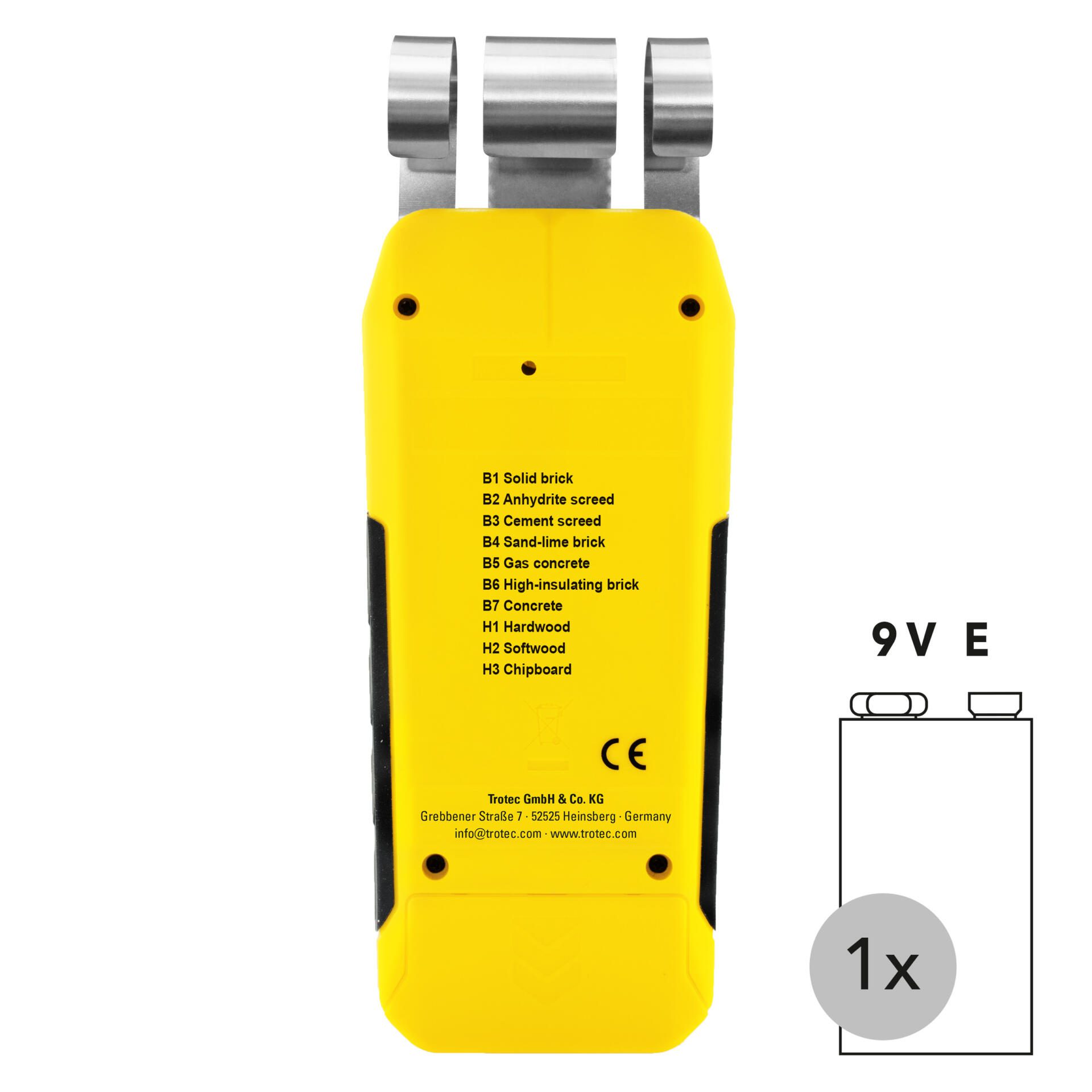 Feuchtemessgerät BM40: Gelbes Gerät zur Feuchtigkeitsmessung mit Elektroden und Anzeige verschiedener Materialien. Ideal für Baufeuchte.