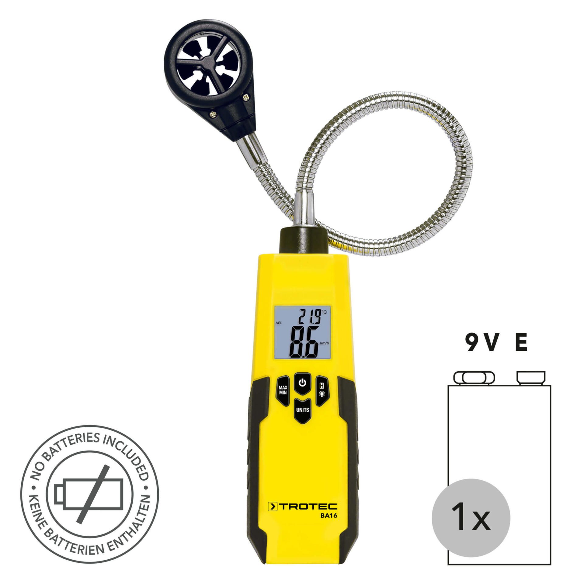 Flügelrad-Anemometer BA16 von Trotec: Gelbes Messgerät mit flexiblem Sensorarm und digitaler Anzeige zur Windmessung. Kompaktes Design.