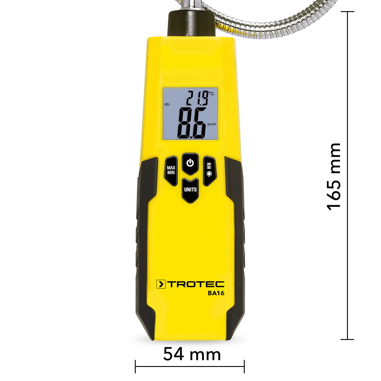 Flügelrad-Anemometer BA16: Gelbes Messgerät zeigt 21.9°C und 8.6 km/h an. Ideal zur Windmessung und Luftstromanalyse für Profis und Hobbyanwender.