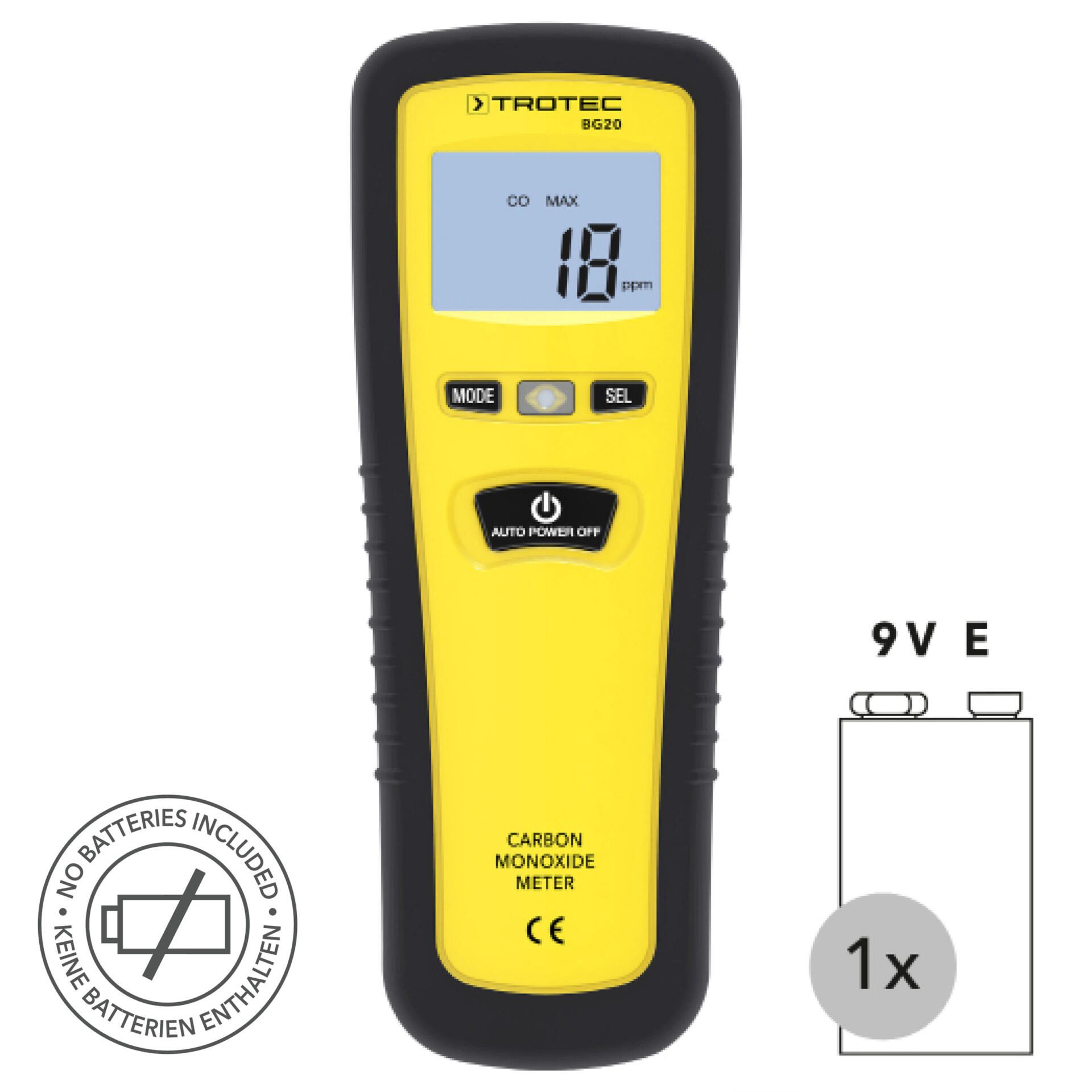 Kohlenmonoxid-Messgerät BG20 von Trotec zeigt CO-Max Wert. Gelbes Gehäuse, Display mit 18 ppm, Batteriehinweis. Kompaktes CO-Messgerät für Innenräume.