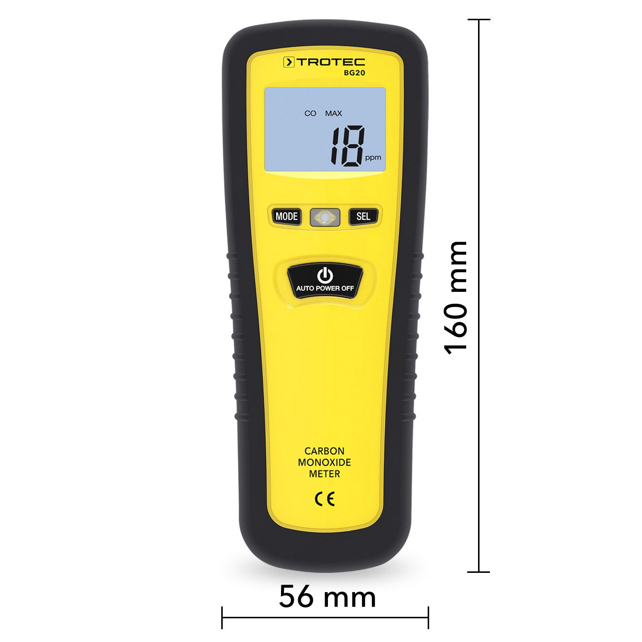 Kohlenmonoxid-Messgerät BG20: Gelbes Messgerät zeigt 18 ppm CO-Wert. Ideal für die CO-Konzentration Messung. Trotec Messgerät für Sicherheit.