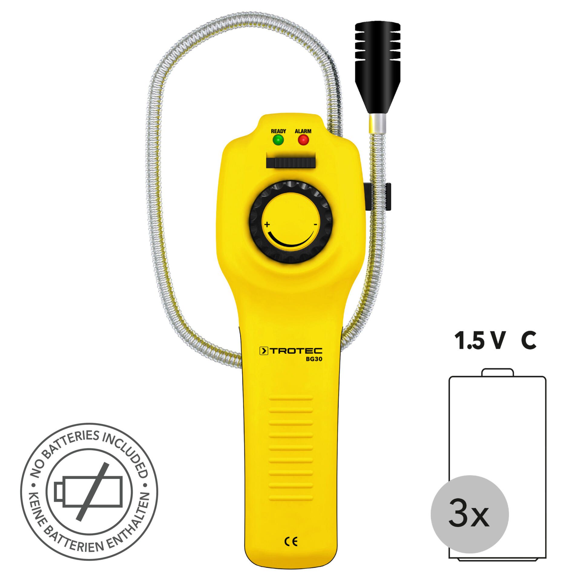 Gelber Gasdetektor BG30 von Trotec. Das Gerät hat einen flexiblen Sensorarm, LED-Anzeigen und Batteriefach. Ideal zur präzisen Gasmessung.