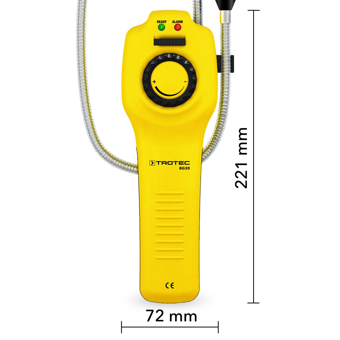 Gasdetektor BG30 im Detail: Gelbes Gehäuse mit Messsonde, Anzeigen für Bereitschaft und Alarm. Ideal zur Lecksuche. Gasdetektoren von Trotec.