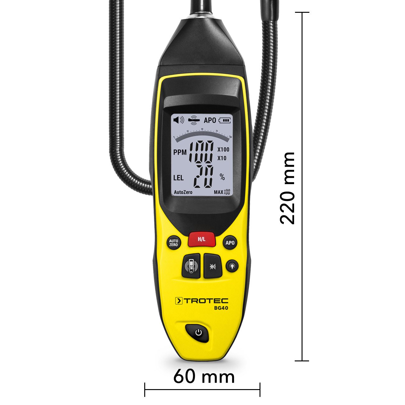 BG40 Gasdetektor von Trotec: Kompaktes Messgerät zur präzisen Ortung von Gaslecks. Ideal für Handwerker und Heimwerker. Gelbes Gehäuse, digitale Anzeige.