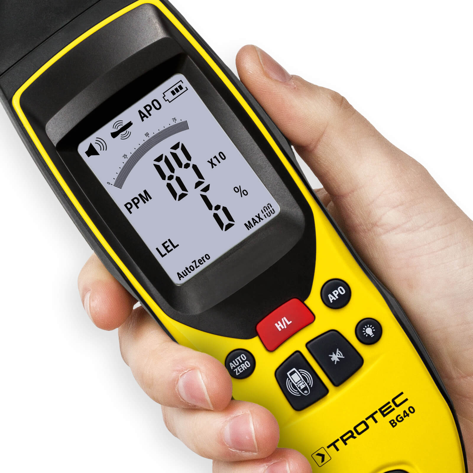 BG40 Gasdetektor in Hand zeigt Messwerte an. Tragbarer Gaswarner für präzise Messungen. Ideal für Sicherheit und Umweltüberwachung. Gasdetektoren