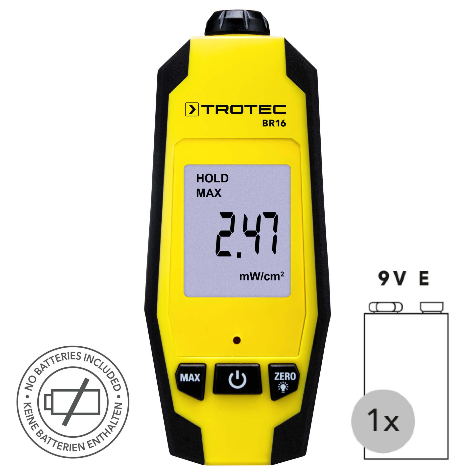 Mikrowellen-Indikator BR16 von Trotec zeigt 2.47 mW/cm². Gelbes Gehäuse, schwarze Akzente. Indikator zur Messung von Mikrowellenstrahlung.
