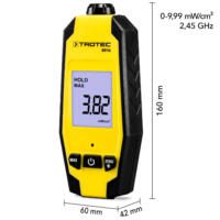 Mikrowellen-Indikator BR16 von Trotec zeigt 3.82 mW/cm² an. Gelbes Gerät mit schwarzem Rand und Display, zur Messung von Strahlung.