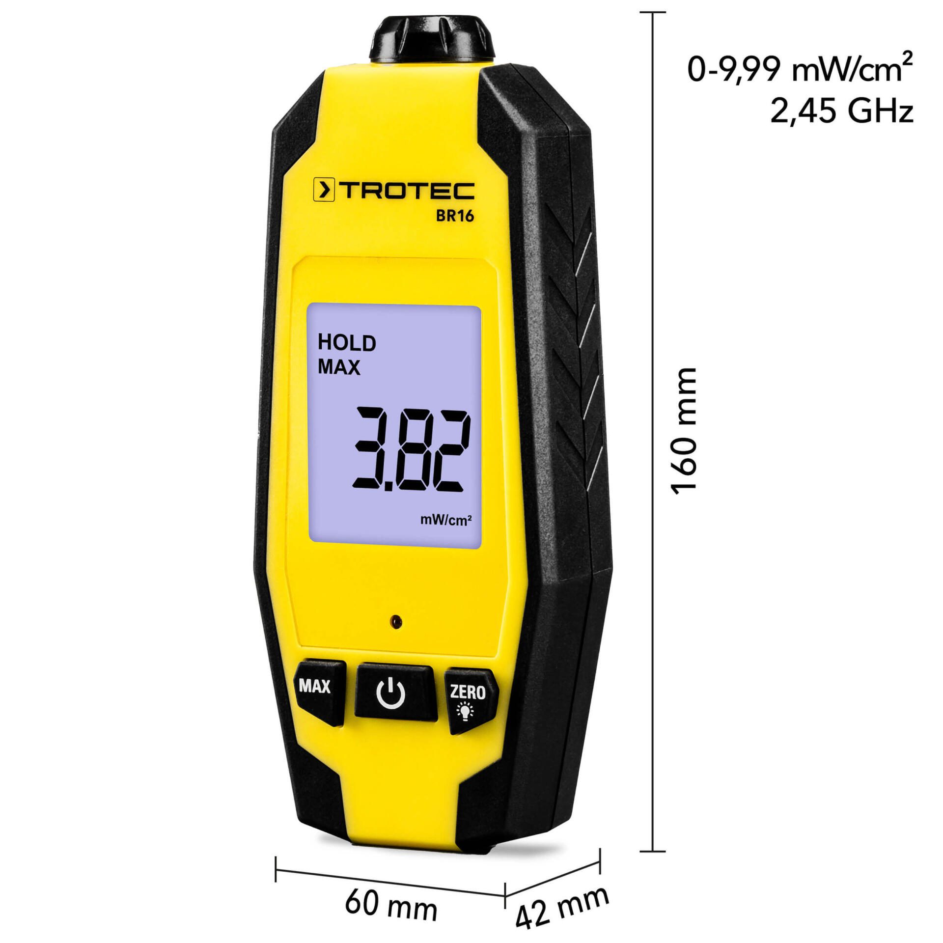 Mikrowellen-Indikator BR16 von Trotec zeigt 3.82 mW/cm² an. Gelbes Gerät mit schwarzem Rand und Display, zur Messung von Strahlung.