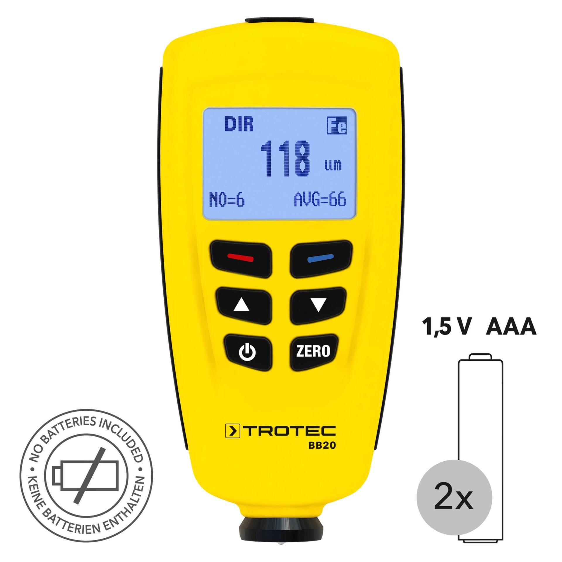 Schichtdickenmessgerät BB20: Gelbes Gerät zur Messung der Schichtdicke mit Digitalanzeige, ideal für präzise Messungen.