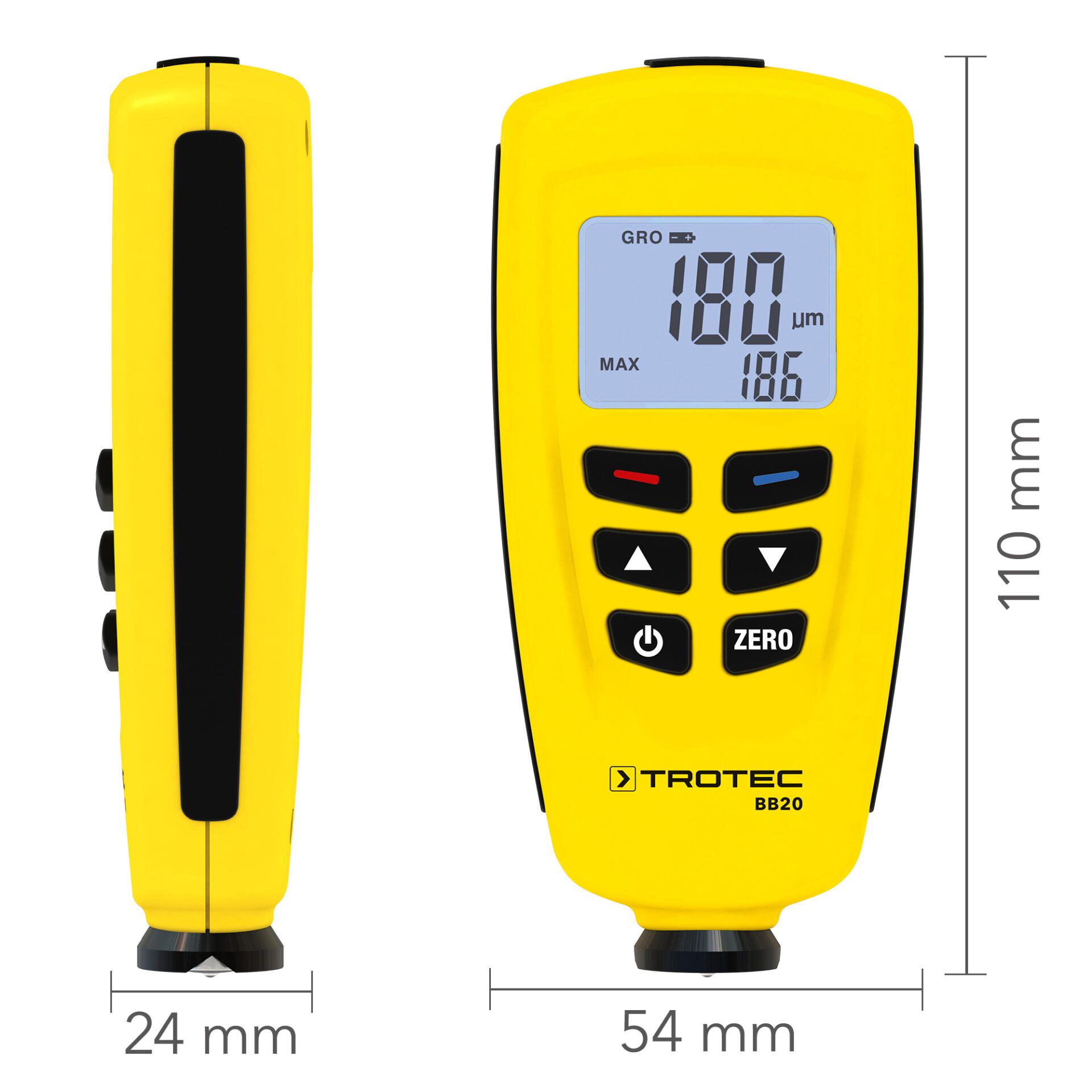 Schichtdicken-Messgerät BB20: Gelbes Messgerät zur Schichtdickenmessung mit Digitalanzeige, ideal für präzise Messungen. 124 Zeichen