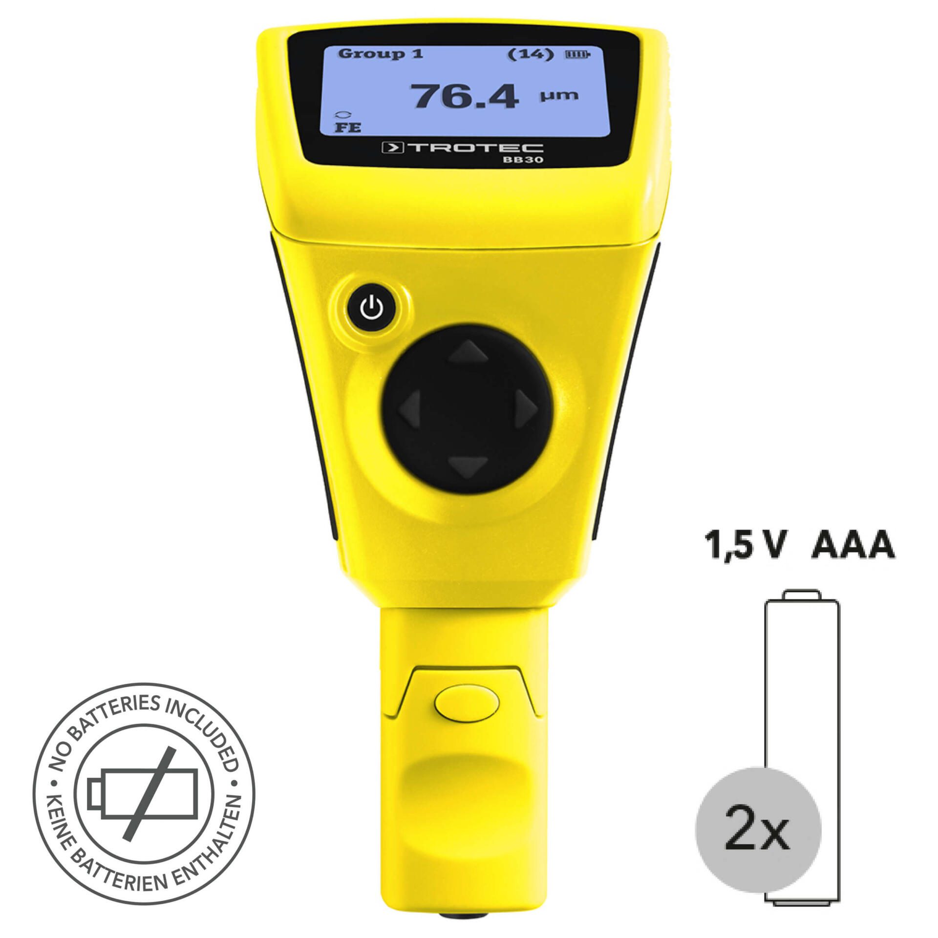 Schichtdickenmessgerät BB30: Gelbes Messgerät zeigt 76.4 µm an. Ideal zur präzisen Messung von Schichtdicken. Keine Batterien enthalten.