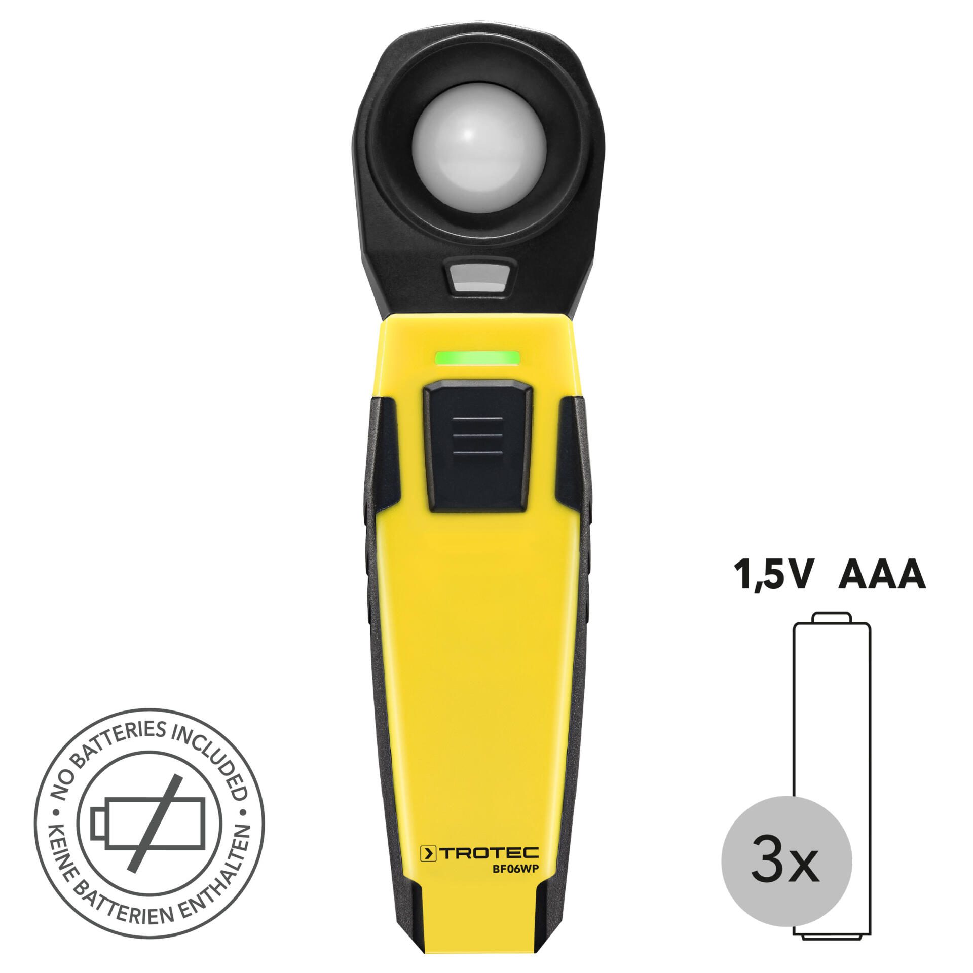 BF06WP Luxmeter von Trotec mit App-Steuerung. Smartphone zur Bedienung nicht im Bild. Gelbes Gehäuse, misst Lichtintensität präzise.