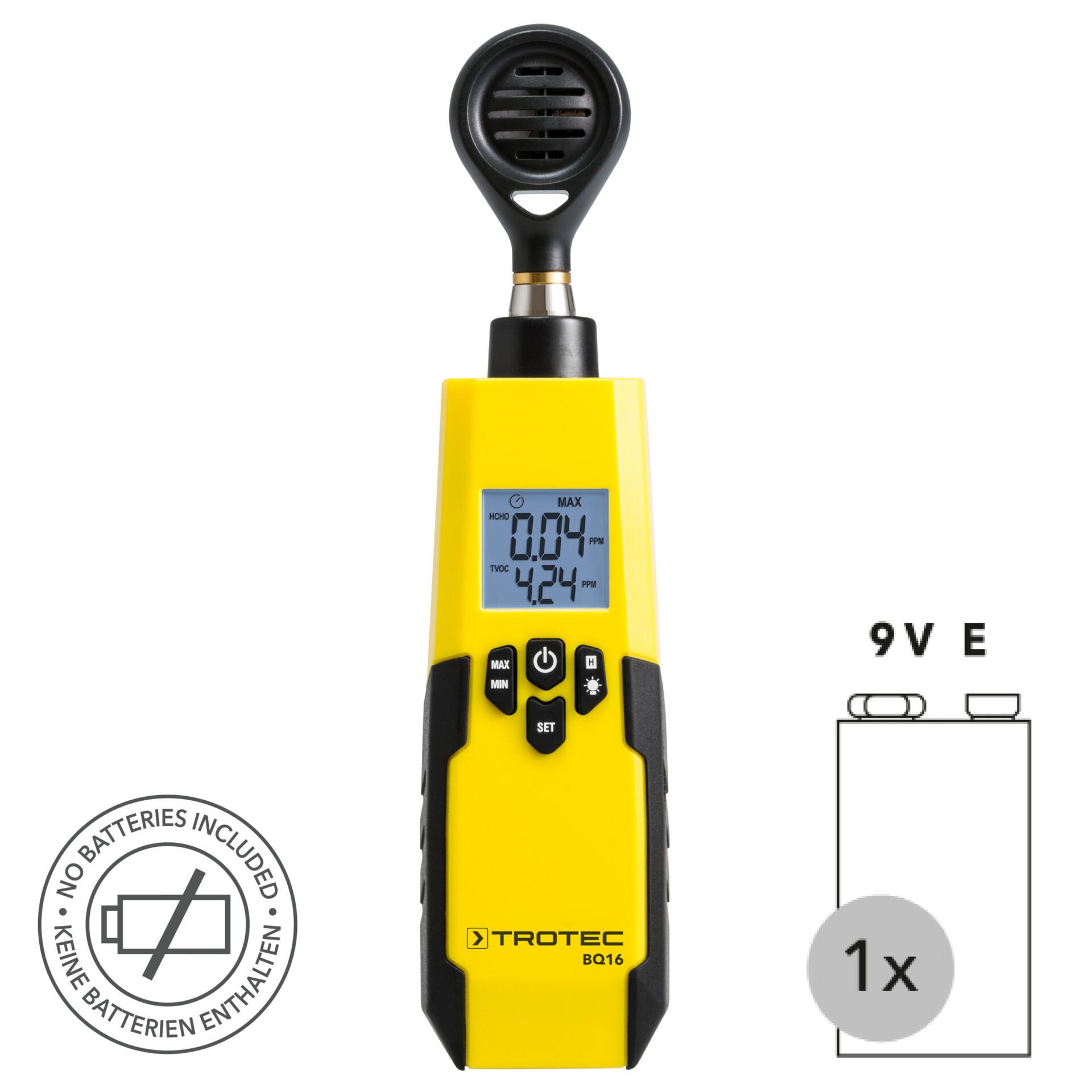 HCHO/TVOC Messgerät BQ16: Gelbes Messgerät zur Formaldehyd- und VOC-Messung. Anzeige von 0.04 ppm HCHO und 4.24 ppm TVOC. Ideal zur Luftqualitätsprüfung.