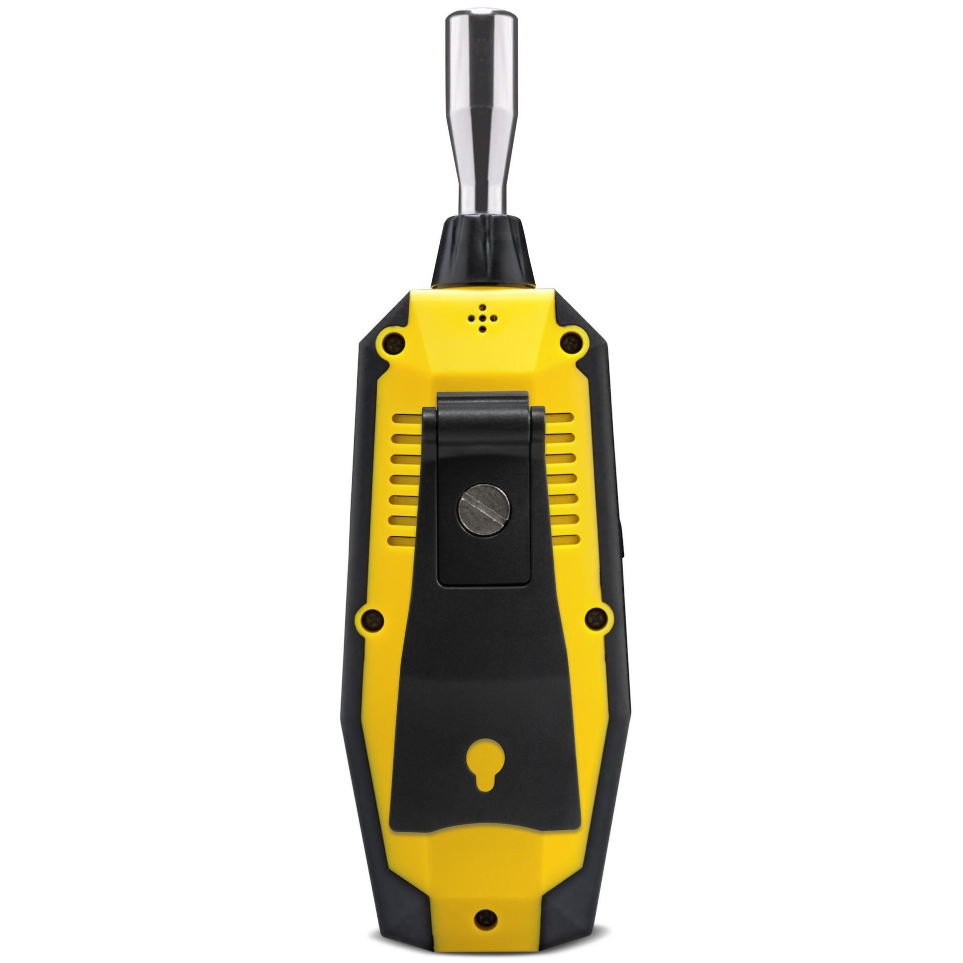 Detailaufnahme Mini-Partikelmessgerät BQ21. Gelb-schwarzes Design, Präzisionsinstrument zur Luftqualitätsmessung. Kompaktes Messgerät. 123 Zeichen