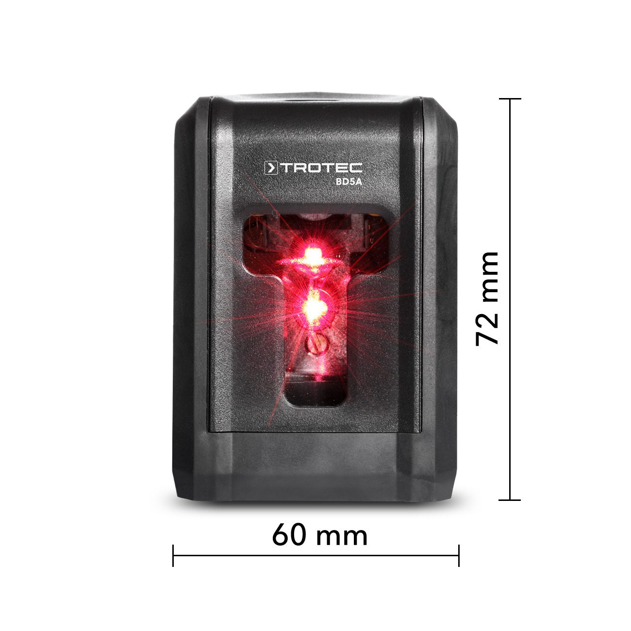 Kreuzlinienlaser BD5A von Trotec: Präzises Nivellieren leicht gemacht. Das Gerät projiziert rote Laserlinien für genaue Ausrichtung. Abmessungen: 72mm x 60mm.