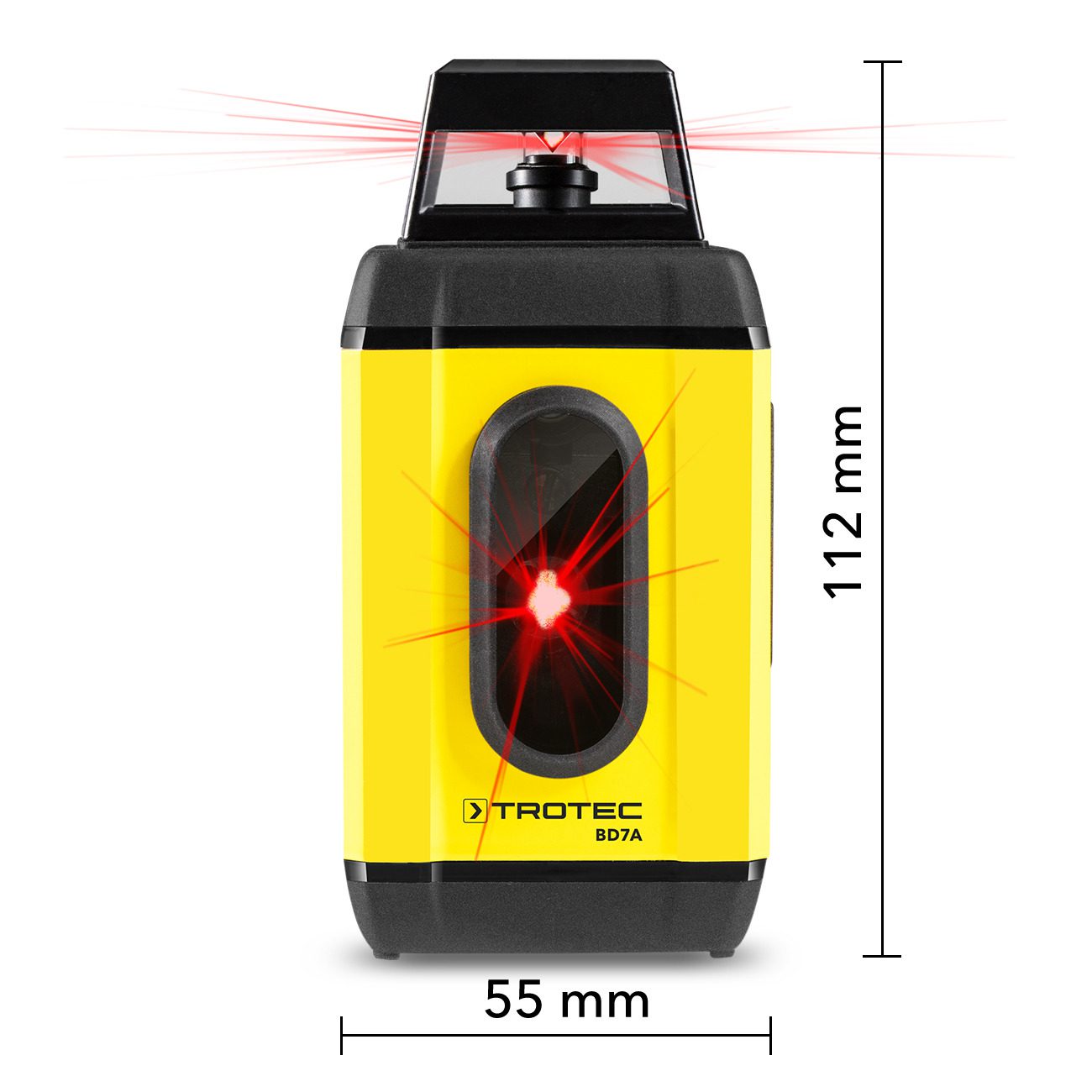 Rotationslaser BD7A von Trotec: Gelbes Gerät mit roten Laserstrahlen. Ideal für präzise Ausrichtung und Nivellierung. 3510205152_BD7A