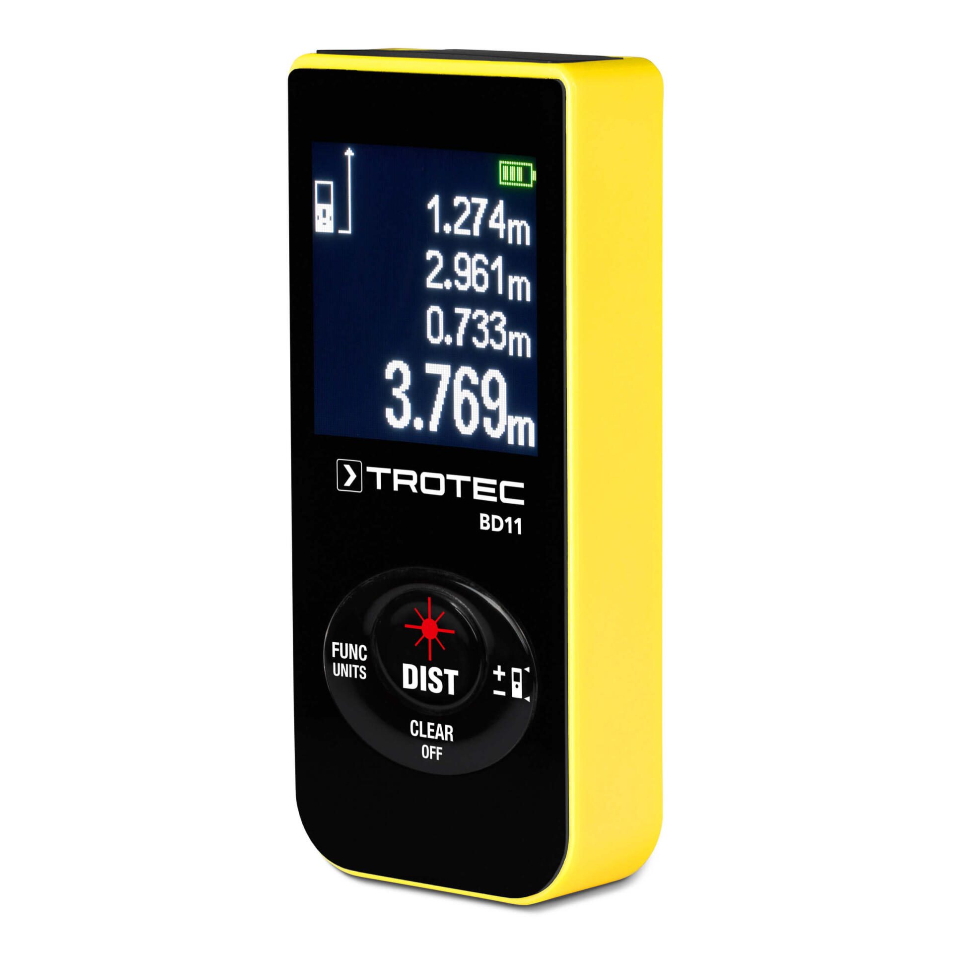 Trotec Entfernungsmesser BD11: Gelbes Gerät mit Display, das Messwerte anzeigt. Ideal für präzise Distanzmessung im Innenbereich. Kompakt u. handlich