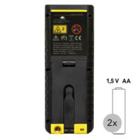 Entfernungsmesser BD21 Detail: Rückseite mit Laserwarnhinweisen, CE-Kennzeichnung & Batterieinformationen. Ideal für Handwerker & Heimwerker.