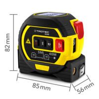 Laser-Distanzmessgerät BD8M von Trotec: Kompaktes, gelb-schwarzes Design mit rotem Knopf. Ideal für präzise Messungen bis 40m. 82x85x56mm.