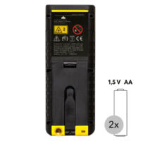 Rückansicht Entfernungsmesser BD26: Laserklasse 2, Warnhinweise, Batterieinformationen. Ideal für präzise Messungen. Hersteller: Trotec.