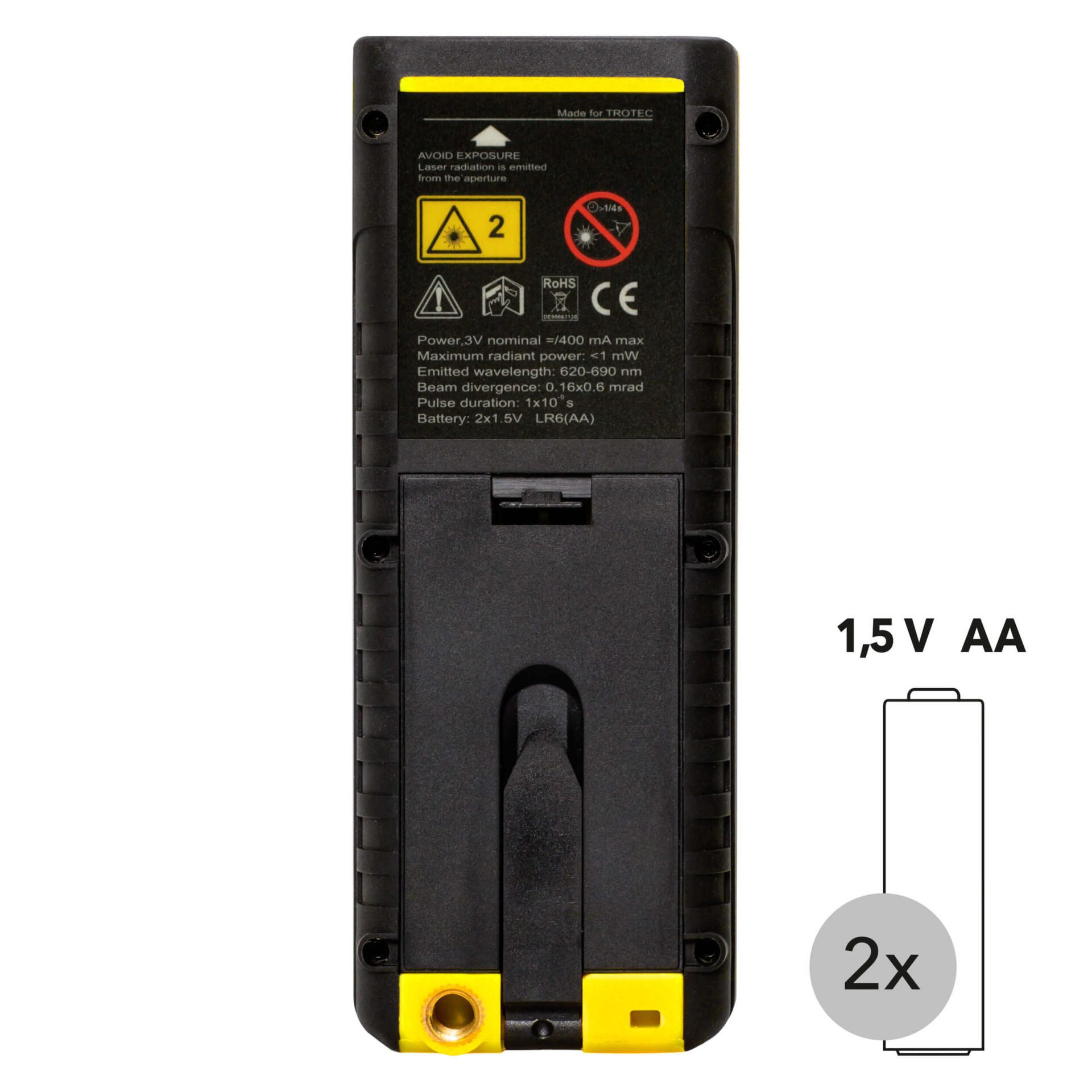 Rückansicht Entfernungsmesser BD26: Laserklasse 2, Warnhinweise, Batterieinformationen. Ideal für präzise Messungen. Hersteller: Trotec.