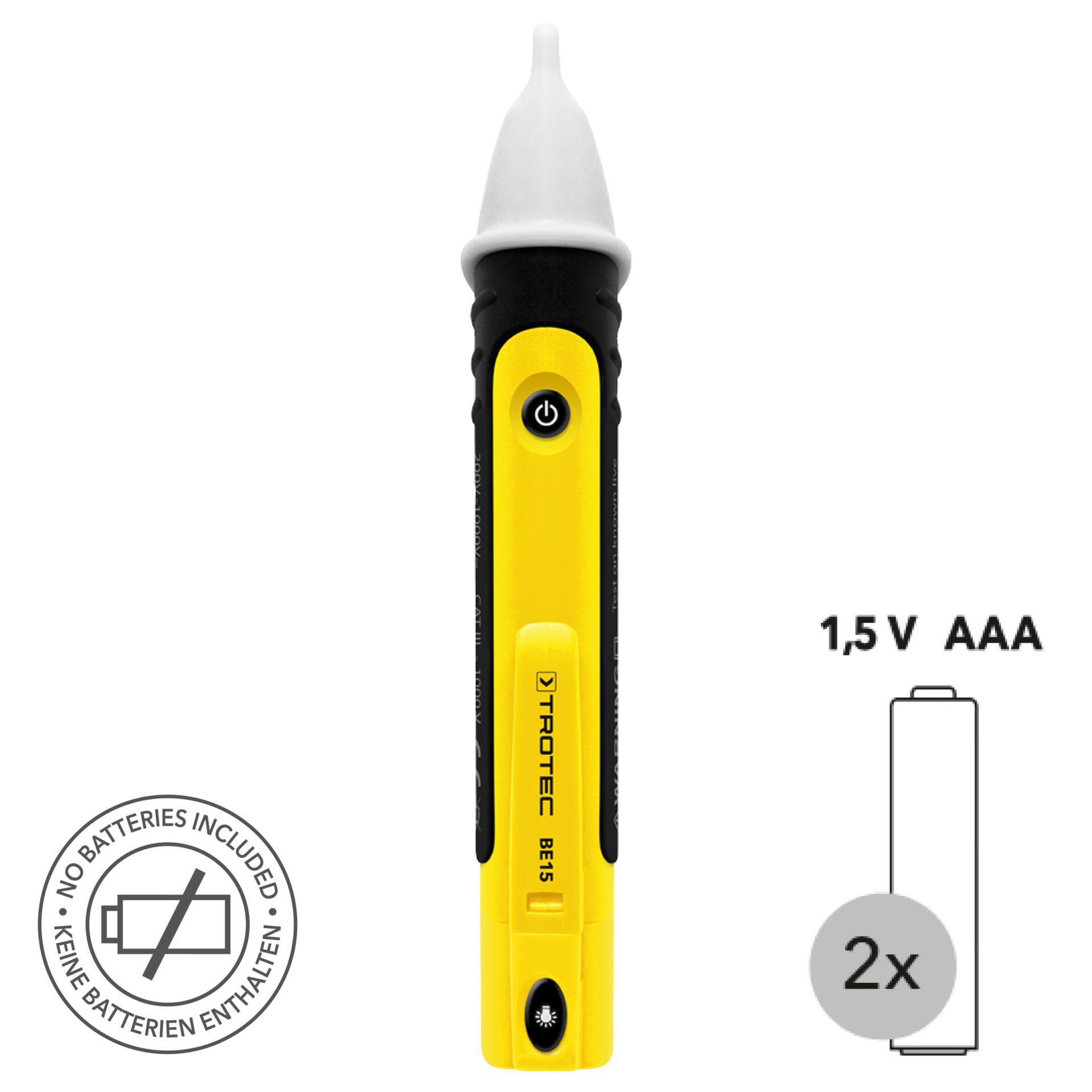Gelber Spannungsdetektor BE15 von Trotec, ideal zum berührungslosen Prüfen von Wechselspannung. Keine Batterien enthalten. 1,5V AAA