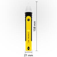 Detailaufnahme eines gelben Spannungsdetektors BE15 von Trotec mit Größenangaben (158 mm Höhe, 21 mm Breite) vor neutralem Hintergrund. Messgerät.