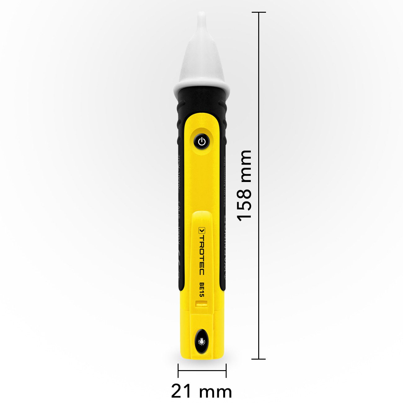 Detailaufnahme eines gelben Spannungsdetektors BE15 von Trotec mit Größenangaben (158 mm Höhe, 21 mm Breite) vor neutralem Hintergrund. Messgerät.