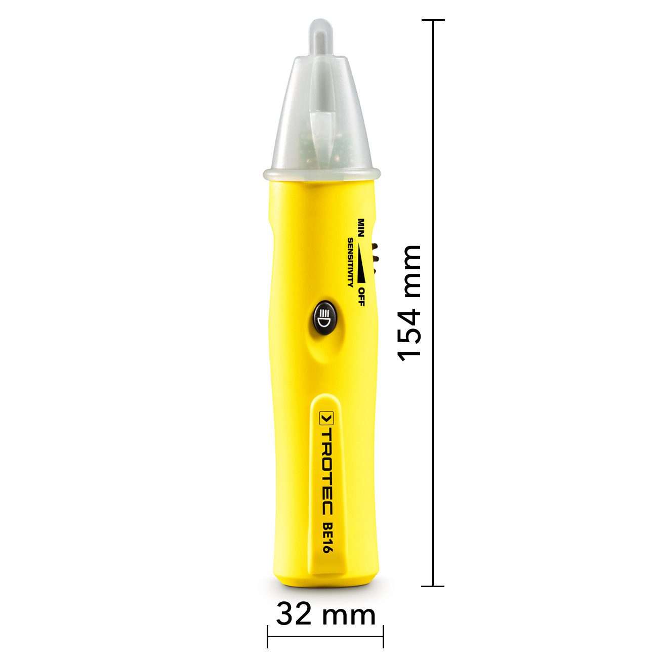 Gelber Spannungsdetektor BE16 von Trotec mit Maßen. Das Gerät ist kompakt und für die schnelle, berührungslose Erkennung von Wechselspannung.