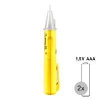 Spannungsdetektor BE16: Gelber Spannungsprüfer mit Messspitze und Batteriedarstellung. Ideal für die sichere Spannungsprüfung im Haushalt. 124 Zeichen