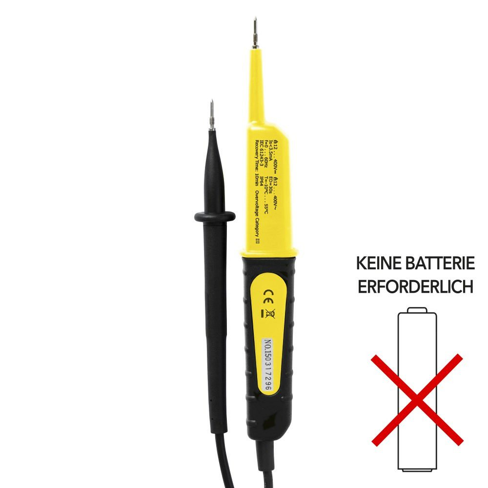 Spannungsprüfer BE17 im Detail: Gelb-schwarzes Design, Prüfspitzen und technische Daten. Ideal für Spannungsmessungen ohne Batterie.