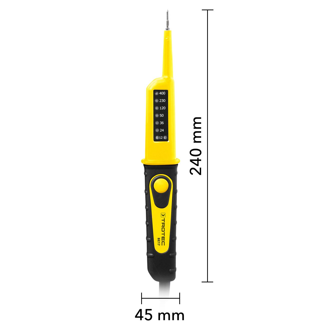 Gelber Spannungsprüfer BE17 von Trotec mit schwarzem Griff zeigt Messwerte und Abmessungen. Ideal zur schnellen Spannungsprüfung, sicher & zuverlässig.