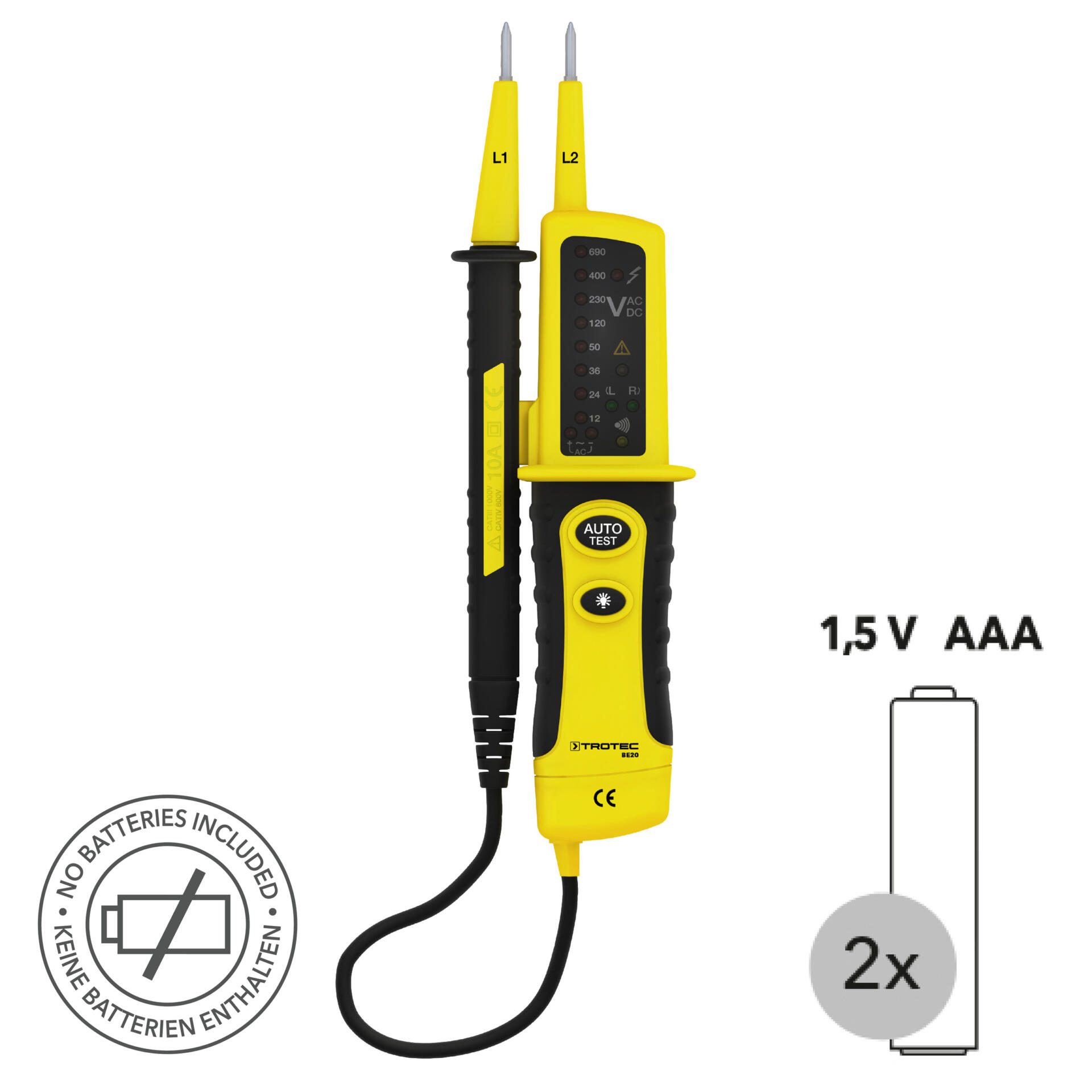 Spannungsprüfer BE20: Gelb-schwarzes Messgerät zur Spannungsprüfung mit Anzeige und Kabel. Benötigt 2x 1,5V AAA Batterien, nicht enthalten.