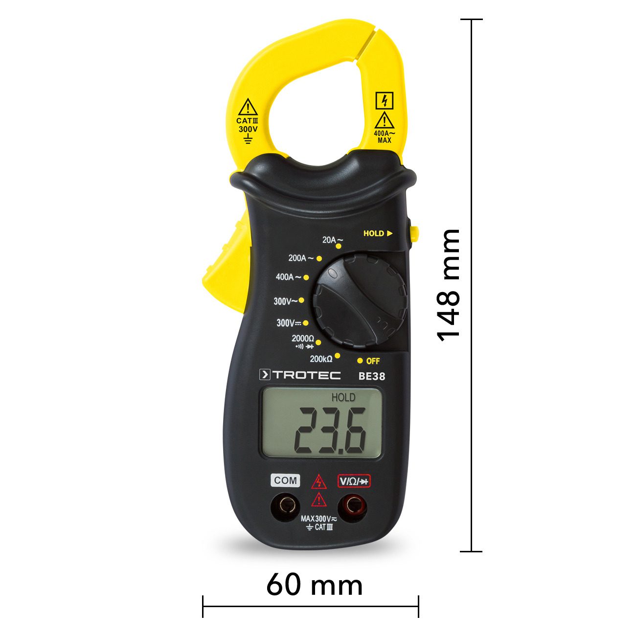 Stromzange BE38 zeigt präzise Messwerte. Das gelb-schwarze Design und die digitale Anzeige machen sie zum idealen Werkzeug für Elektriker.