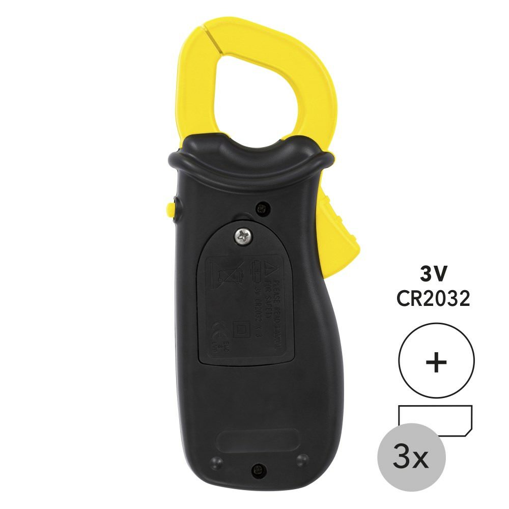 Stromzange BE38 Nahaufnahme: Gelbe Zange, schwarzes Gehäuse. Detailbild zeigt Batteriefach und Spezifikationen. Strommessung leicht gemacht!