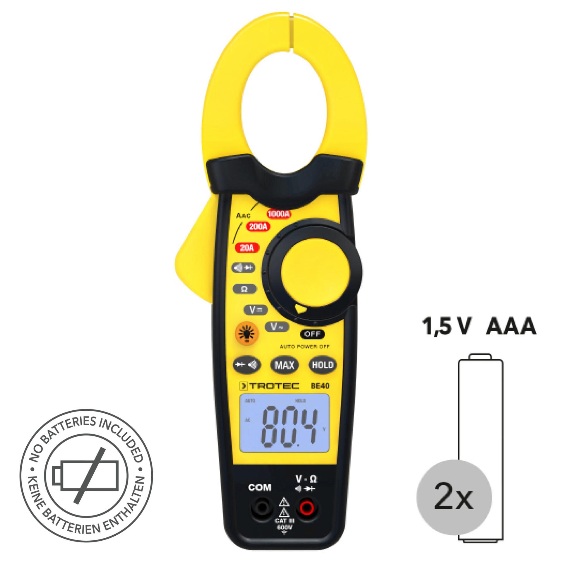 Stromzange BE40: Gelb-schwarzes Multimeter zeigt 80.4 an. Misst Strom, Spannung. Ideal für Elektriker. Batterien nicht inklusive, siehe Symbol.