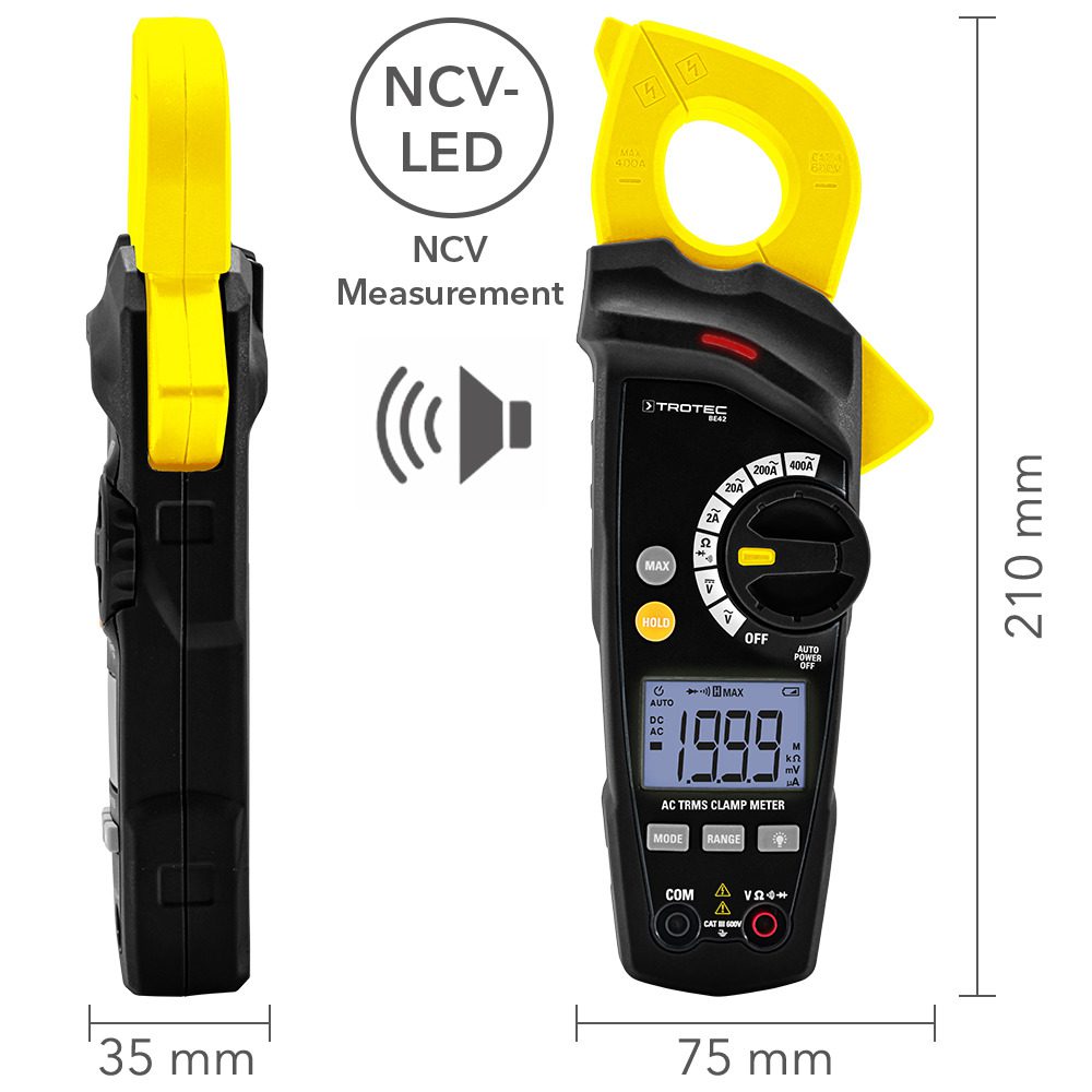 True-RMS Stromzange BE42: Detailaufnahme der Zange mit Messwerten & Abmessungen. Ideal für Elektriker. Hochwertige Strommessung!