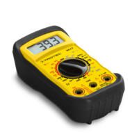 Gelbes Trotec BE47 Multimeter zeigt 39.3 auf dem Display. Messgerät für Spannung, Strom und Widerstand. Ideal für Elektronikprojekte.