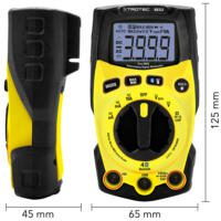 Digitales True-RMS-Multimeter BE52: Gelbes Messgerät von Trotec mit Display, Drehschalter und Anschlüssen. Ideal zur Spannungsmessung.