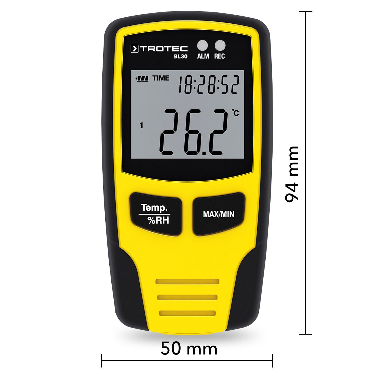 Klimadatenlogger BL30: Gelb-schwarzes Messgerät zeigt Temperatur 26.2°C, Zeit 18:28:52. Ideal zur Klimaüberwachung. Kompaktes Design mit 94mm Höhe.