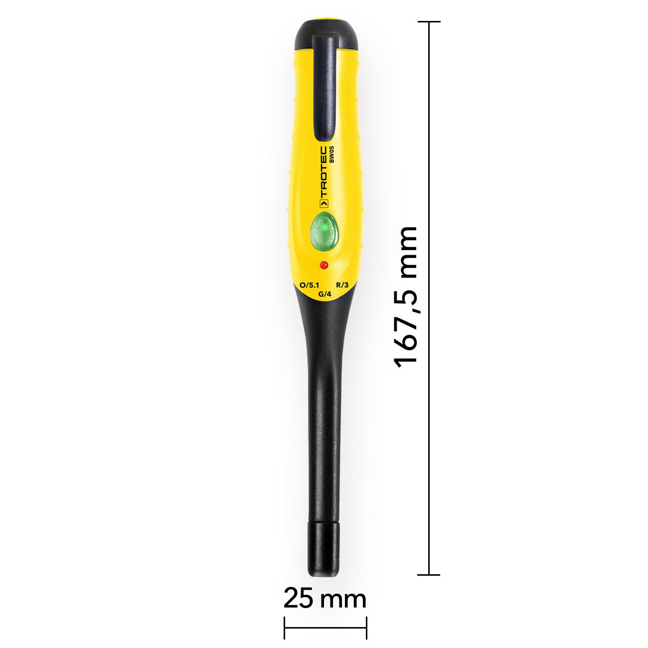 Bremsflüssigkeitstester BW05: Gelbes Messgerät mit Abmessungen 167,5 mm Länge und 25 mm Breite zur schnellen Bremsflüssigkeitsprüfung.