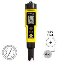 pH-Messgerät BW10 von Trotec: Gelbes, wasserdichtes Gerät mit Display, das pH-Wert und Temperatur anzeigt. Ideal zur Messung von Flüssigkeiten.