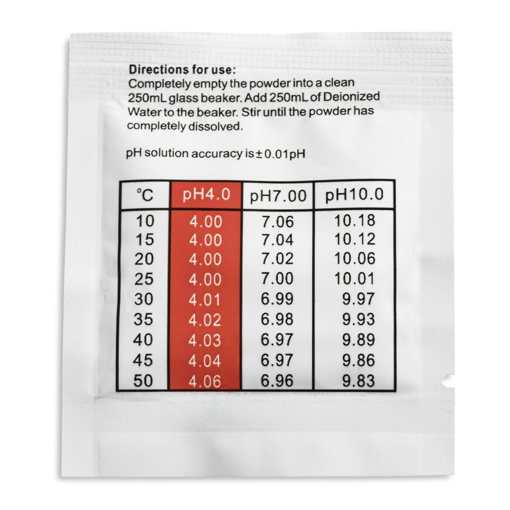 Kalibrierpulver pH 4.00: Tabelle mit Temperatur- und pH-Werten. Anleitung zur Verwendung des Kalibrierpulvers für pH-Messgeräte. Chemische Analyse.