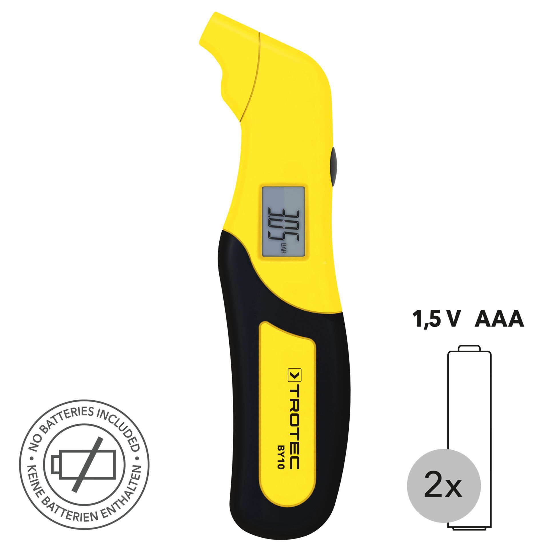 Reifendruck-Messgerät BY10 in Gelb/Schwarz zeigt 3.05 bar. Inkl. Batterien für präzise Messung. Ideal für Auto, Fahrrad, Motorrad. Kompaktes Design.
