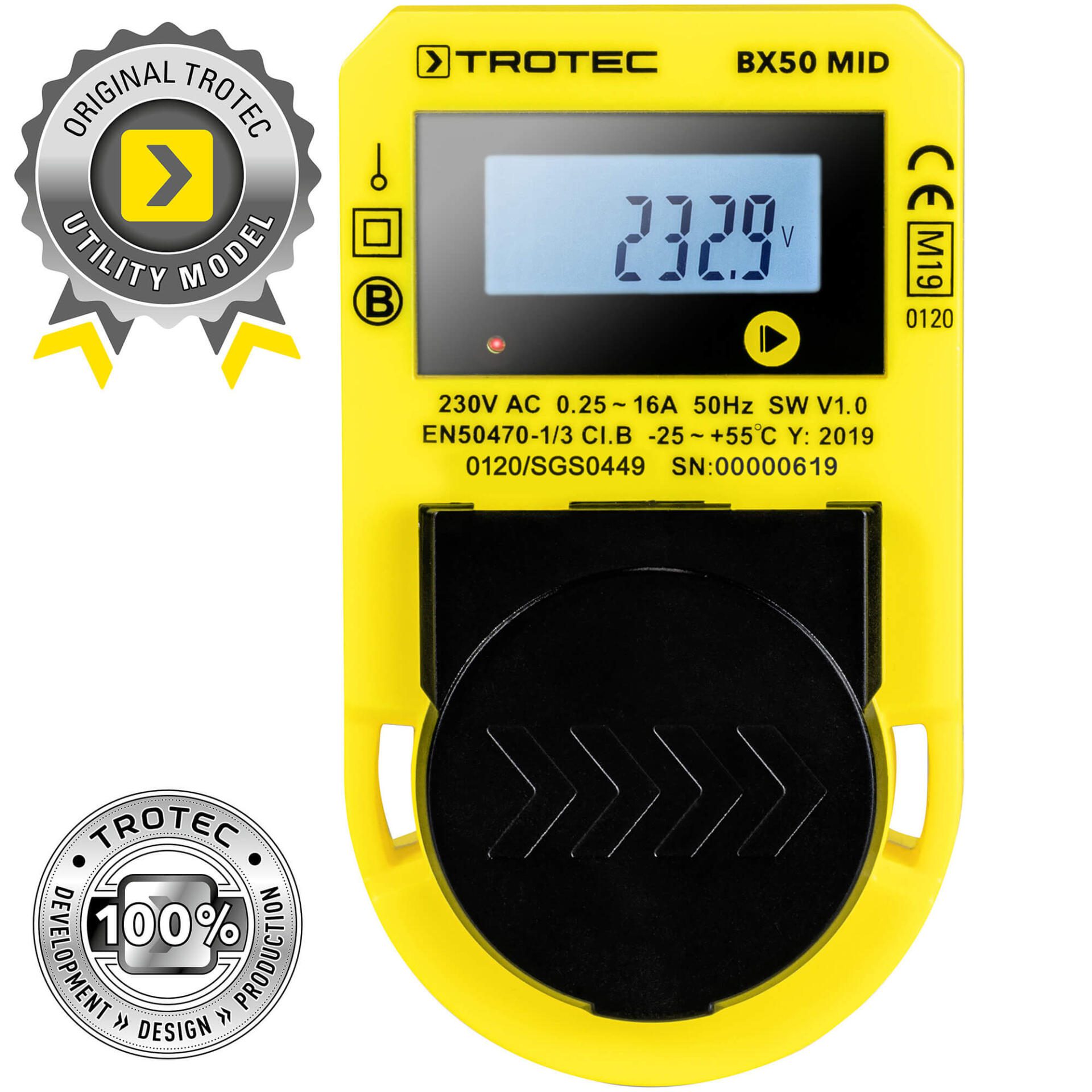 Trotec BX50 MID Energieverbrauchsmessgerät: Gelbes Messgerät mit digitaler Anzeige und technischen Details. Ideal zur Verbrauchsmessung.
