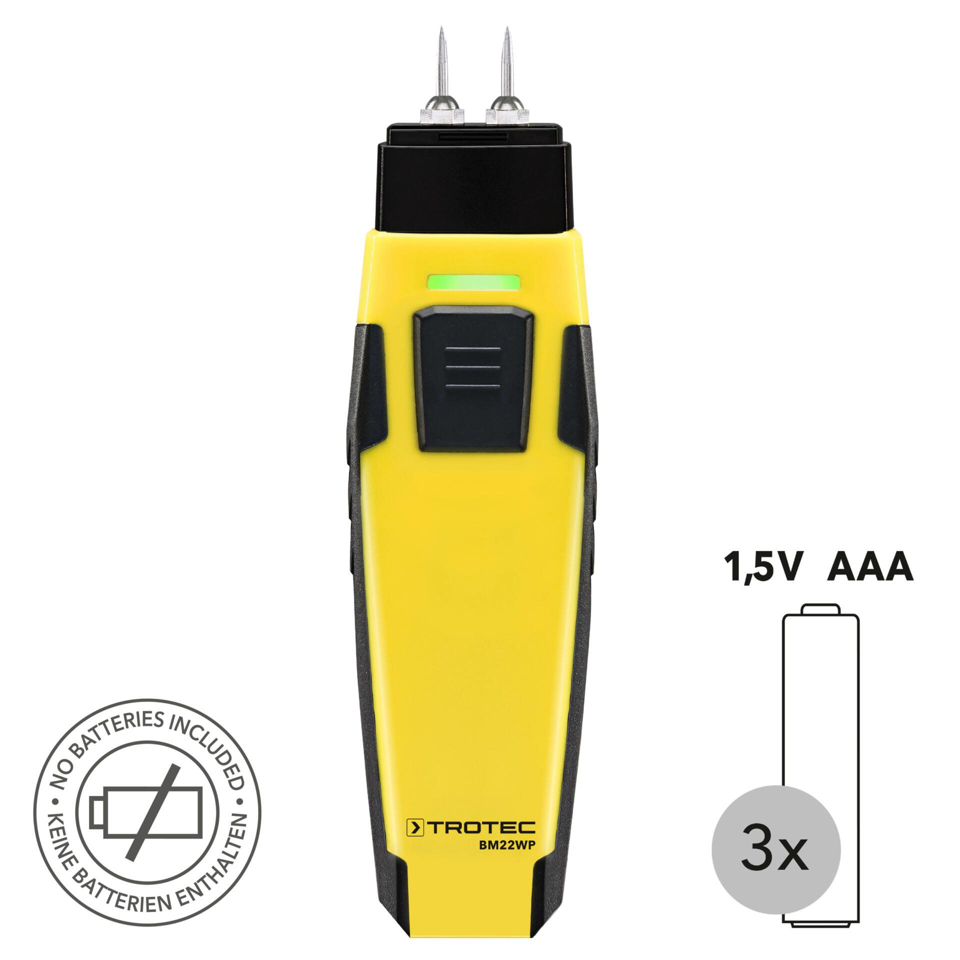 BM22WP Materialfeuchtemessgerät mit App-Sensoren. Gelbes Gerät mit Messspitzen, Trotec BM22WP. Ideal für Feuchtigkeitsmessung. Smartphone Verbindung