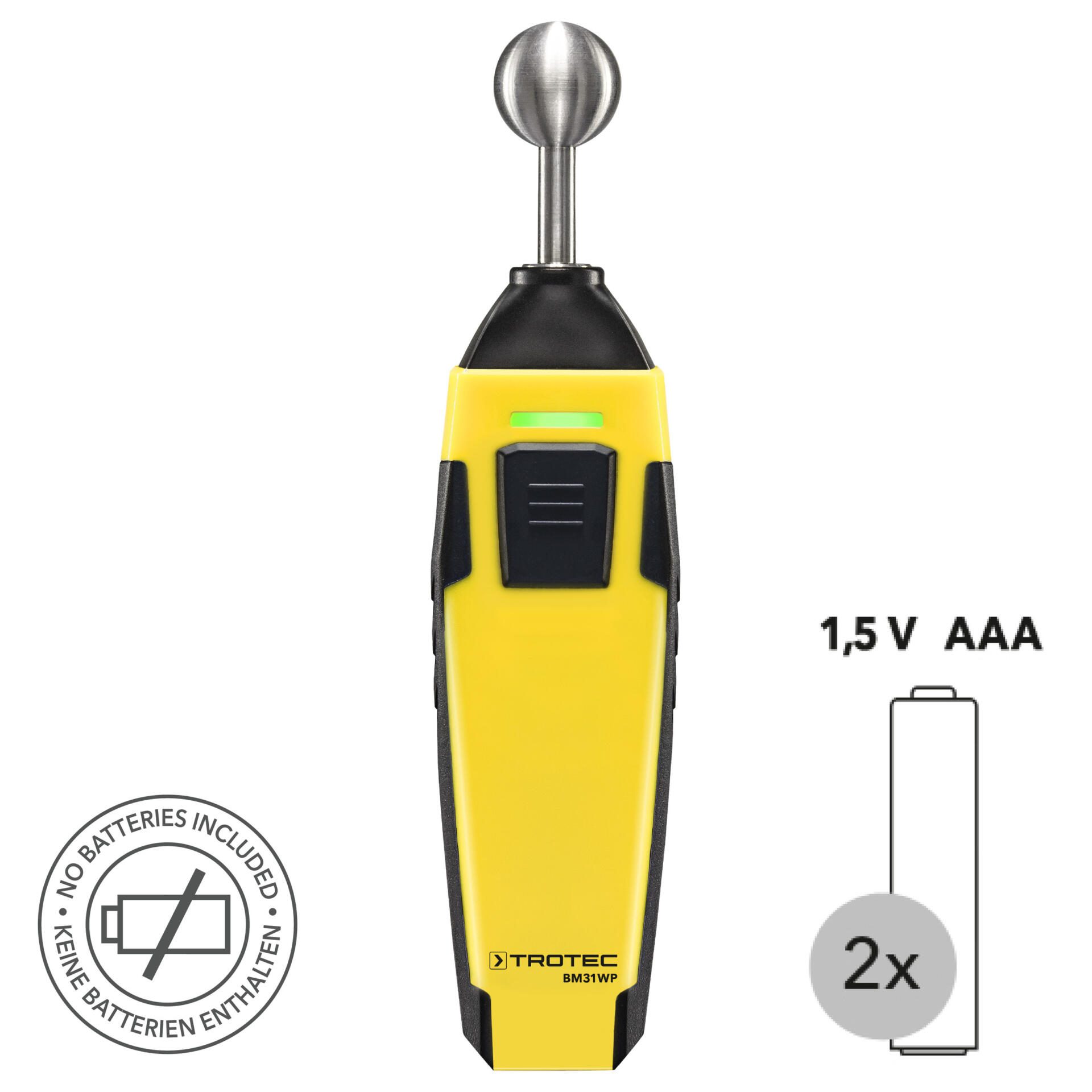 BM31WP Feuchtemessgerät: App-Sensoren Feuchteindikator. Gelbes Messgerät mit Sensor für präzise Feuchtemessung, ideal für Handwerker.